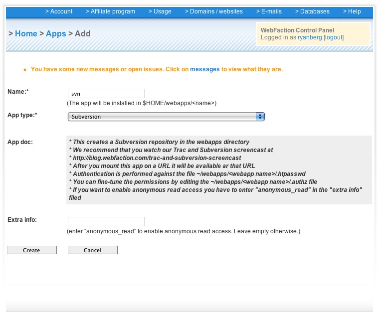 SVN on Webfaction: Add SVN app