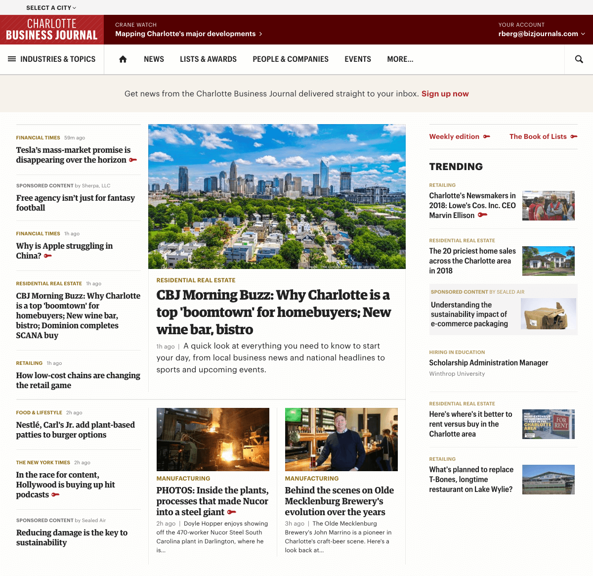 Screenshot of new Bizjournals.com market homepage