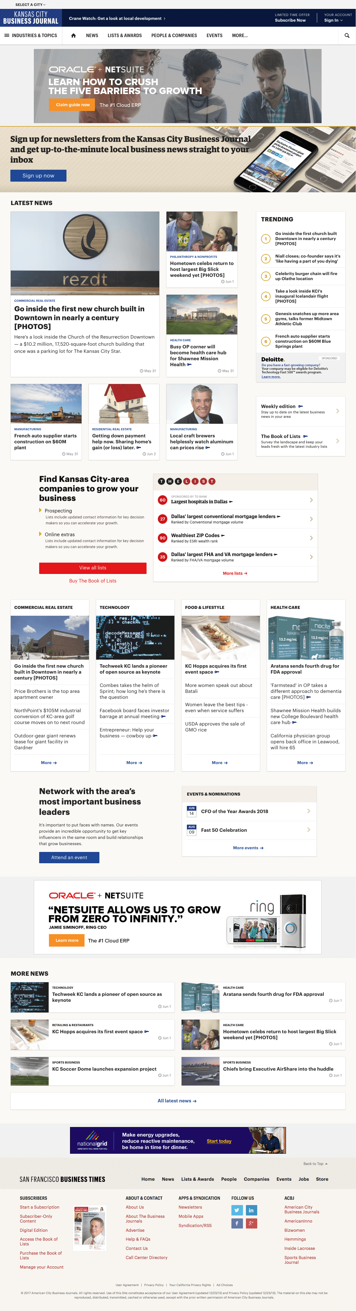 Screenshot of second Bizjournals.com market homepage test.