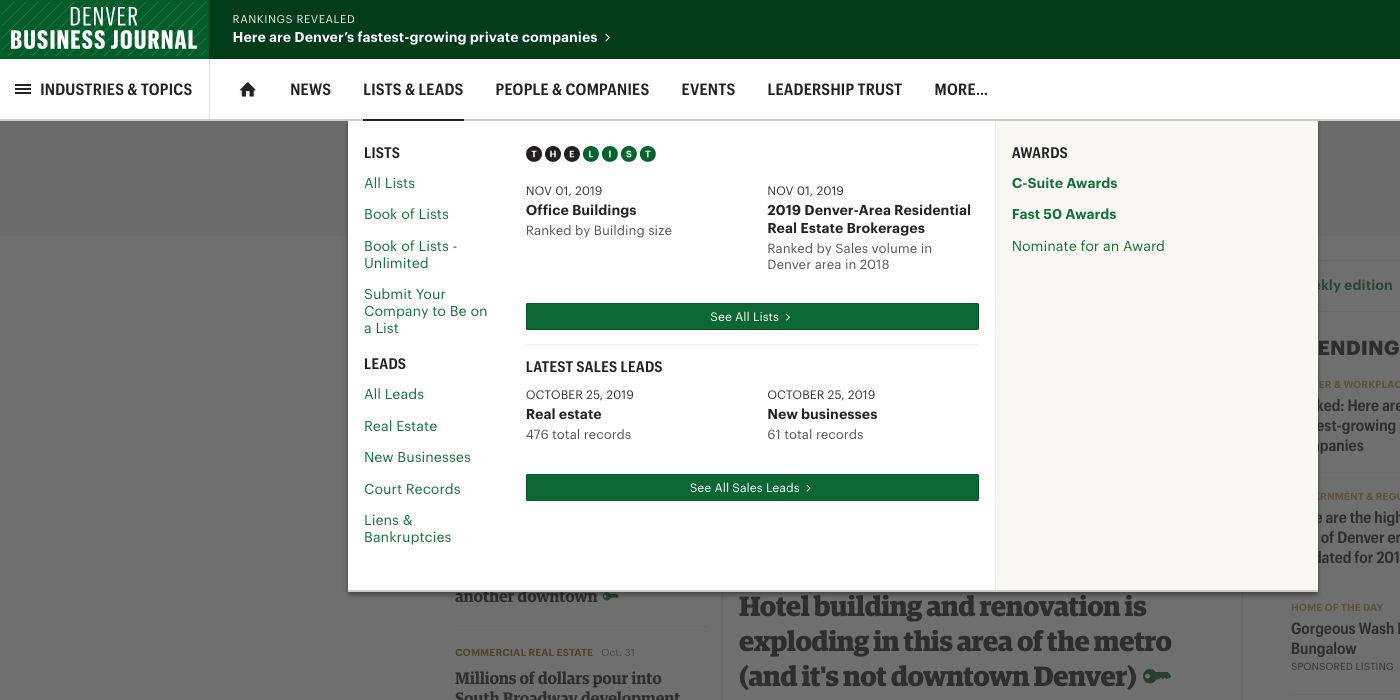 Screenshot of Bizjournals.com using Emerald theme